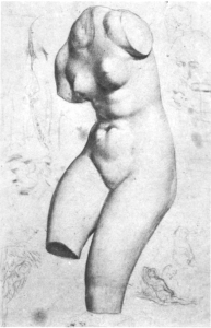 C0074 Dessin d'un moulage en plâtre torse de femme c60