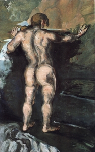 Cézanne, Baigneur vu de dos. NR 29 Ve tableau peint à l'origine à même le mur du Jas de Bouffan renvoie au tableau Les Baigneuses de Courbet. 