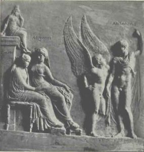 Fig. 3. Fin du 1er siècle avant J.-C. Aphrodite présente Hélène à Pâris (nommé Alexandros). Musée de Naples 
