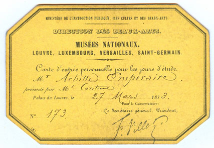 1873, le laissez-passer qui donne liberté à Emperaire pour qu'il visite le Louvre et les musées (don de Pierre Chiappetta).