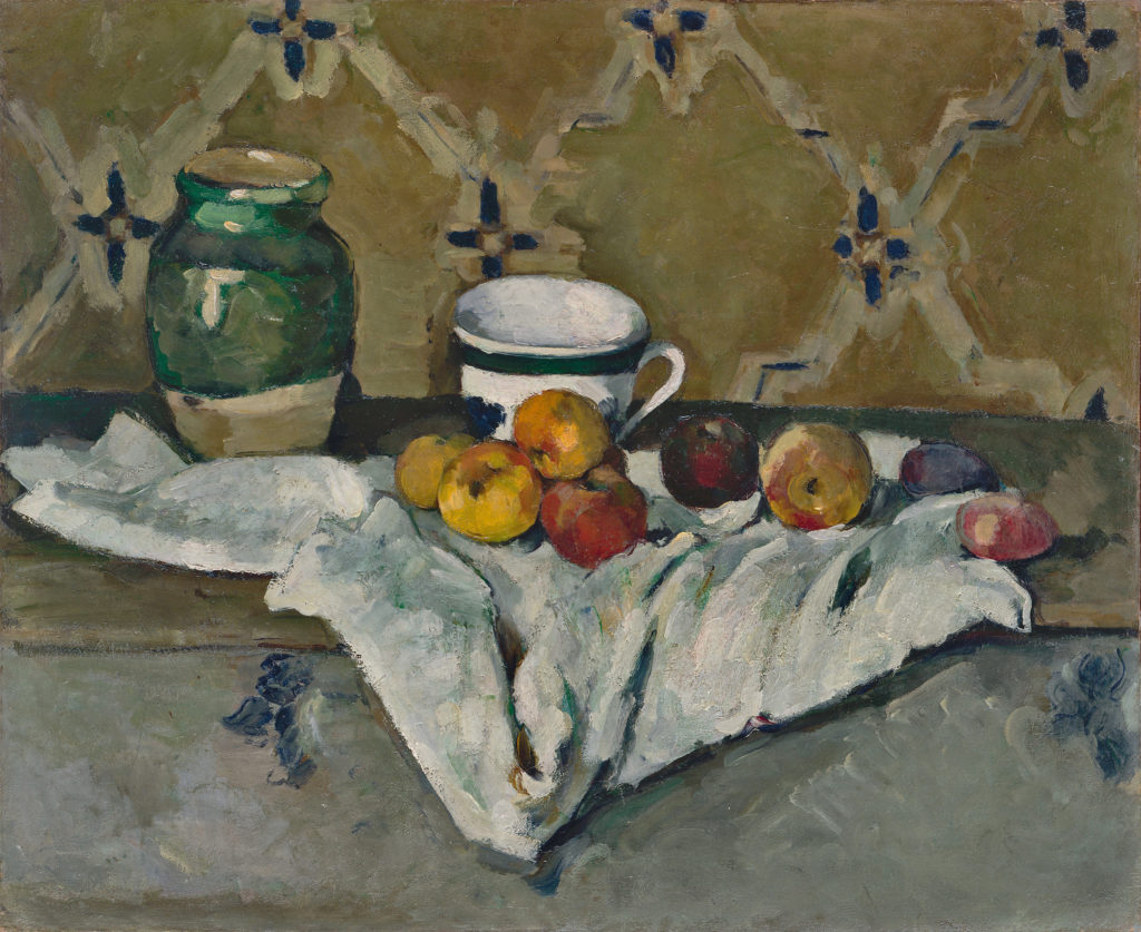 Poterie, tasse et fruits sur une nappe blanche, vers 1877 (R322